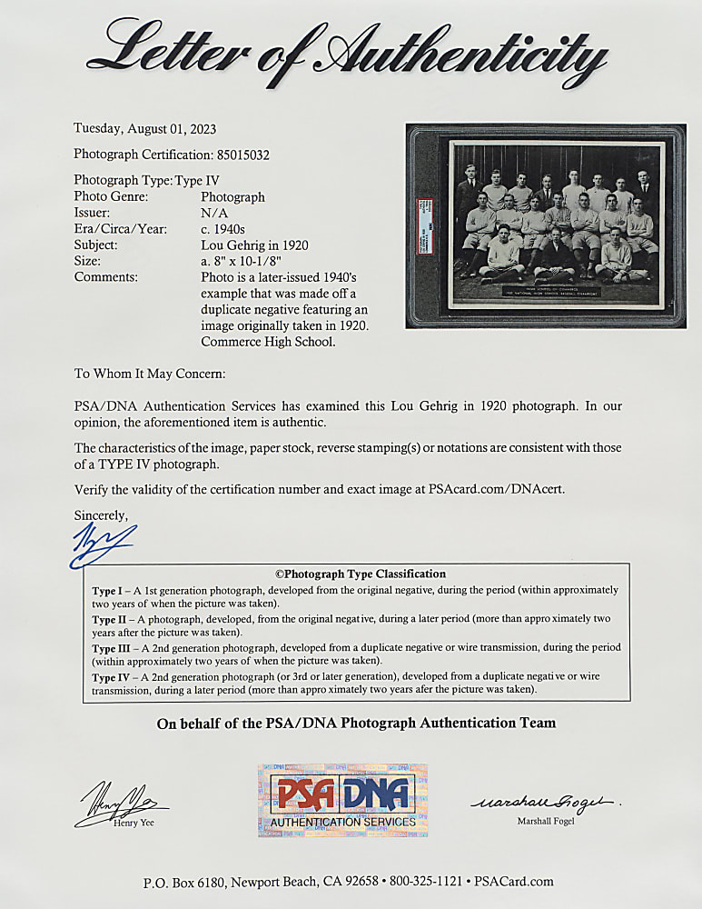 Circa 1940s Lou Gehrig in 1920 Commerce High School Vintage Photograph PSA/DNA Type IV