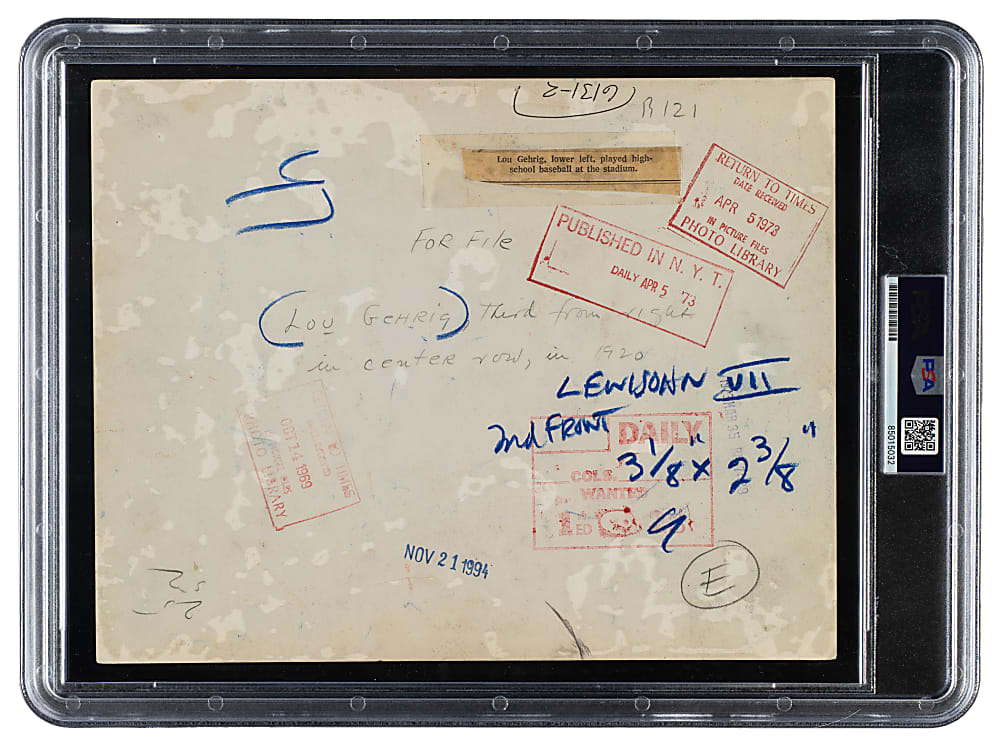 Circa 1940s Lou Gehrig in 1920 Commerce High School Vintage Photograph PSA/DNA Type IV