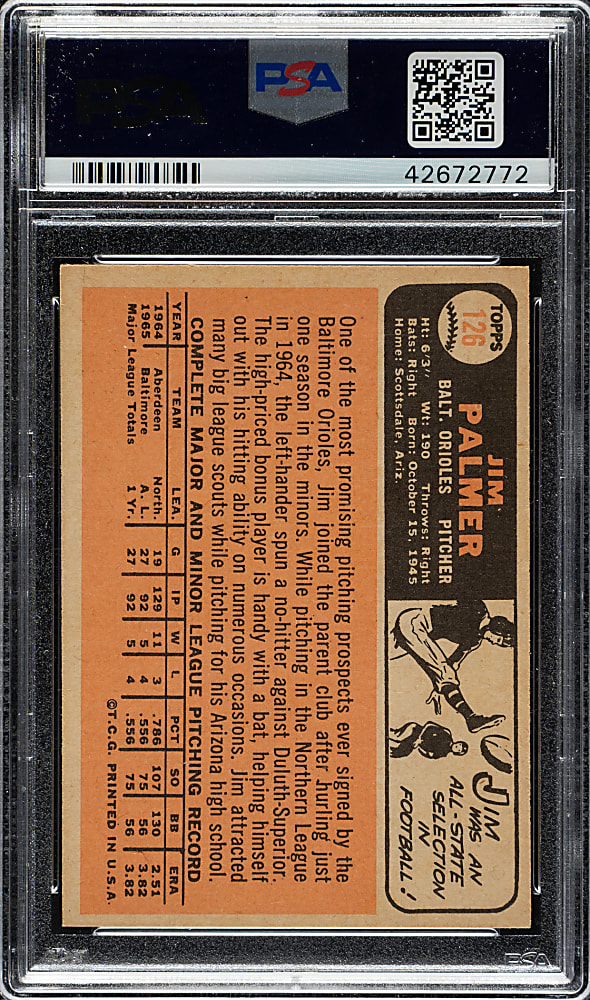 1966 Topps #126 Jim Palmer Rookie PSA NM-MT 8