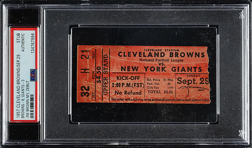 September 29, 1957 Cleveland Browns (vs. New York Giants) Ticket Stub - Jim Brown NFL Debut!
