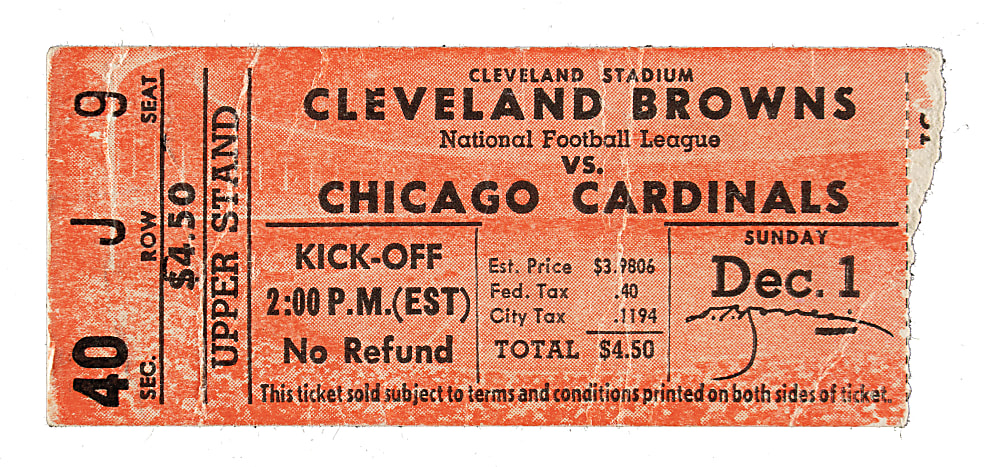 December 1, 1957 Cleveland Browns (vs. Chicago Cardinals) Ticket Stub - Jim Brown Last Home Game of His Rookie Season