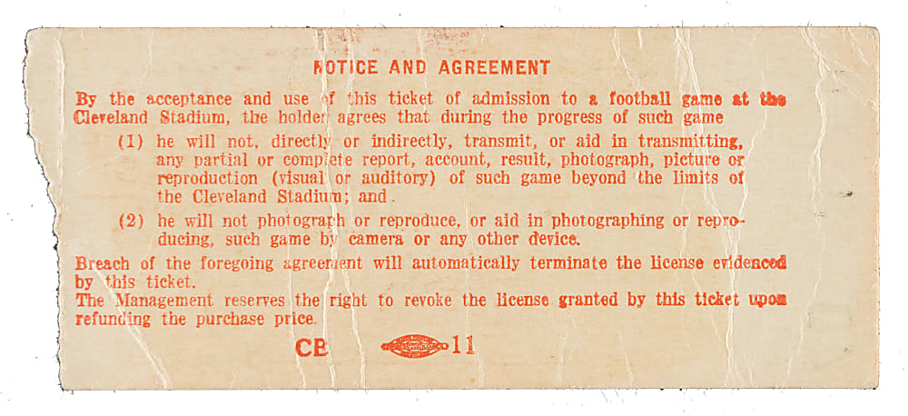 December 1, 1957 Cleveland Browns (vs. Chicago Cardinals) Ticket Stub - Jim Brown Last Home Game of His Rookie Season