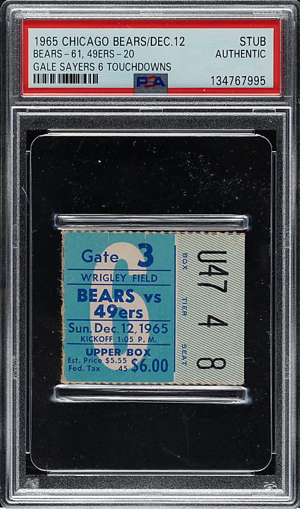 December 12, 1965 Chicago Bears (vs. San Francisco 49ers) Ticket Stub - PSA - Gale Sayers Six Touchdown Game