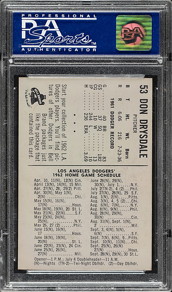 1962 Bell Brand Dodgers #53 Don Drysdale PSA NM-MT 8