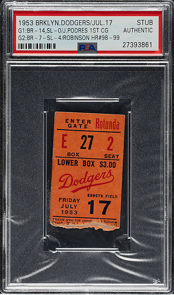 July 17, 1953 Brooklyn Dodgers (vs. St. Louis Cardinals) Ticket Stub - PSA - Jackie Robinson Career Home Runs #98 and #99