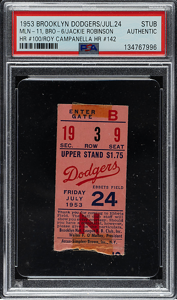 July 24, 1953 Brooklyn Dodgers (vs. Milwaukee Braves) Ticket Stub - PSA - Jackie Robinson Career Home Run #100 and Roy Campanella Career Home Run #142