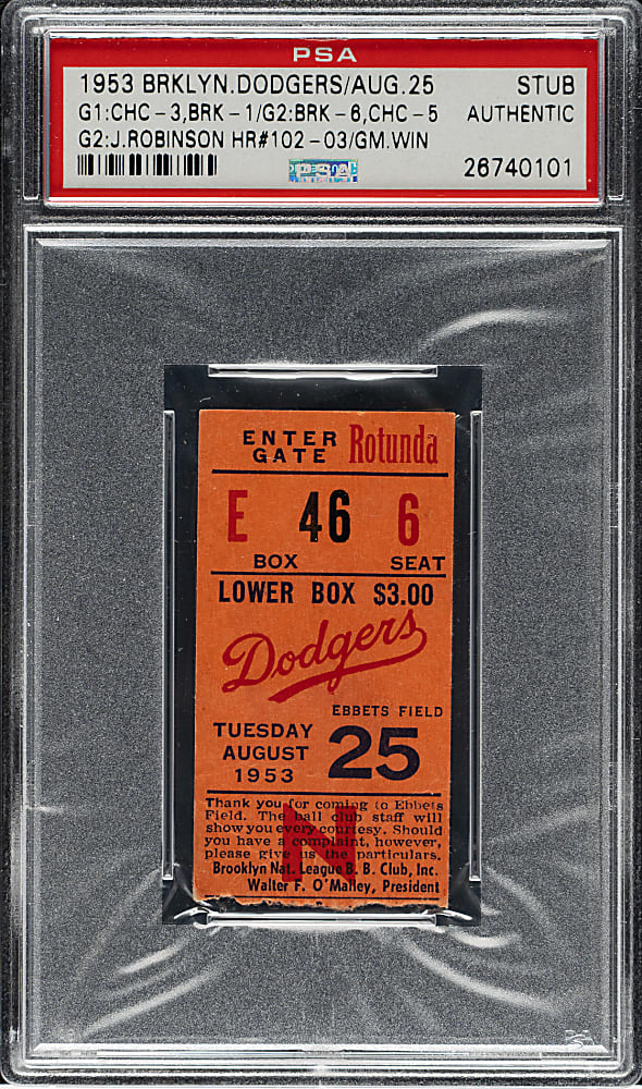 August 25, 1953 Brooklyn Dodgers (vs. Chicago Cubs) Ticket Stub - PSA - Jackie Robinson Two Home Runs - Career Home Runs #102 & 103