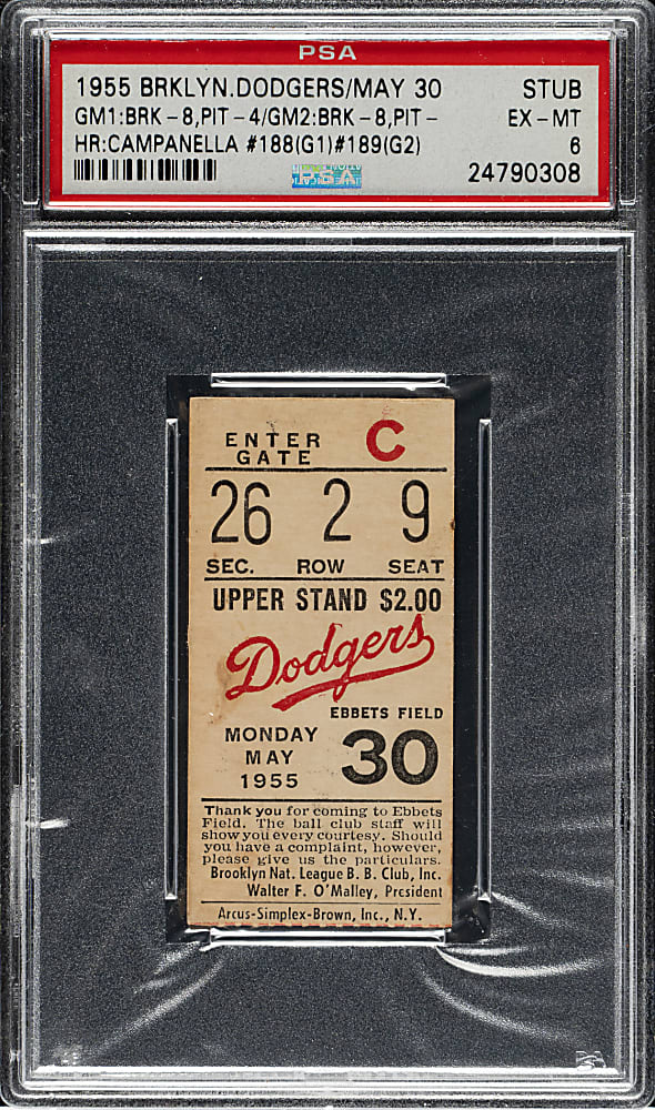 May 30, 1955 Brooklyn Dodgers (vs. Pittsburgh Pirates) Ticket Stub PSA EX-MT 6 - 1 of 1 - Highest Graded - Roy Campanella Two Home Runs