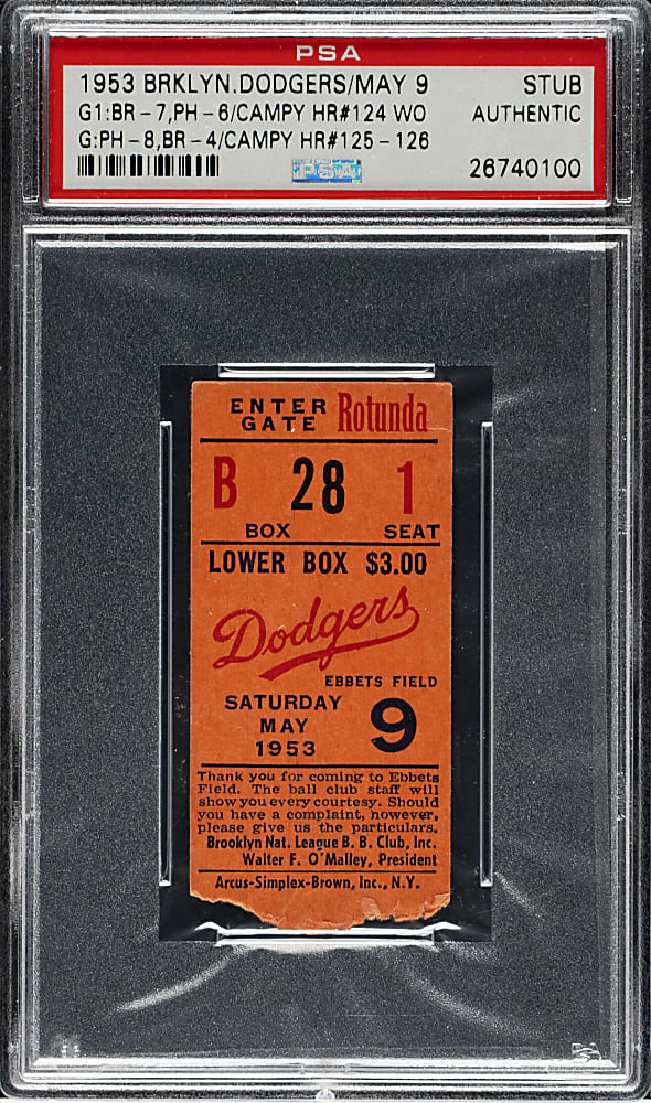 May 9, 1953 Brooklyn Dodgers (vs. Philadelphia Phillies) Ticket Stub - PSA - Roy Campanella First Career Walk-Off Home Run