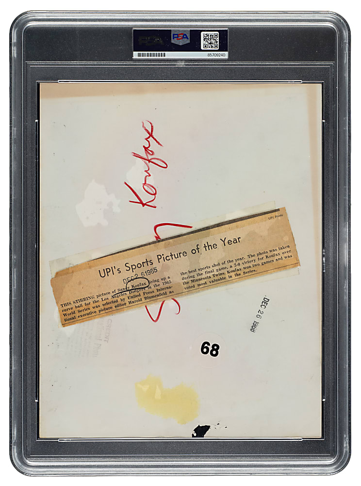 1965 Sandy Koufax World Series Game 7 Original United Press International Photograph PSA/DNA Type I