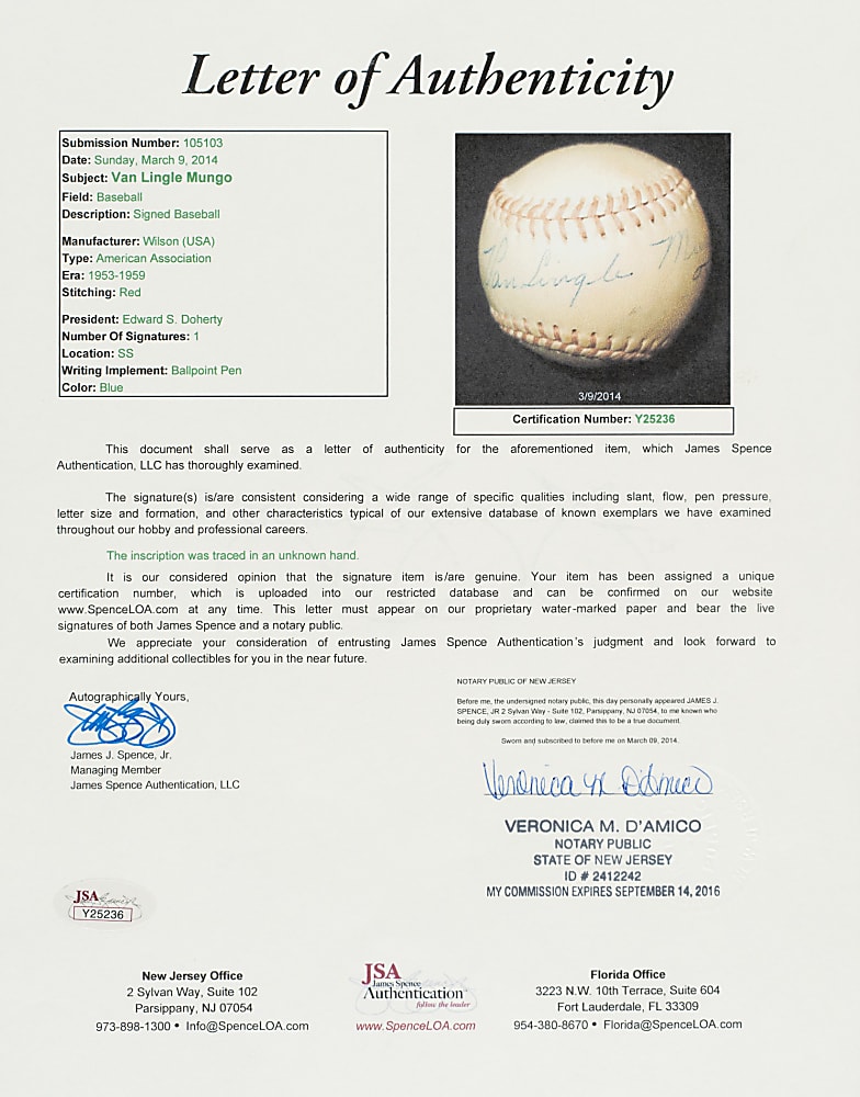 Van Lingle Mungo Single-Signed Baseball - JSA