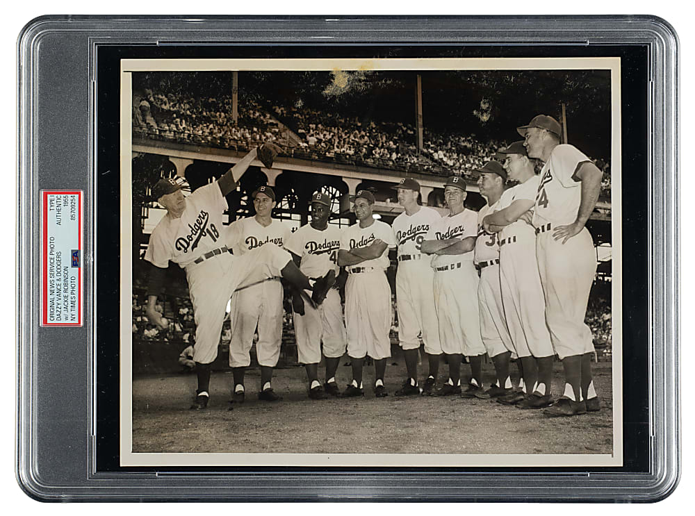 1955 "All-Time Dodgers Team" Ceremony with Dazzy Vance, Jackie Robinson, and Roy Campanella Original New York Times Photograph PSA/DNA Type I