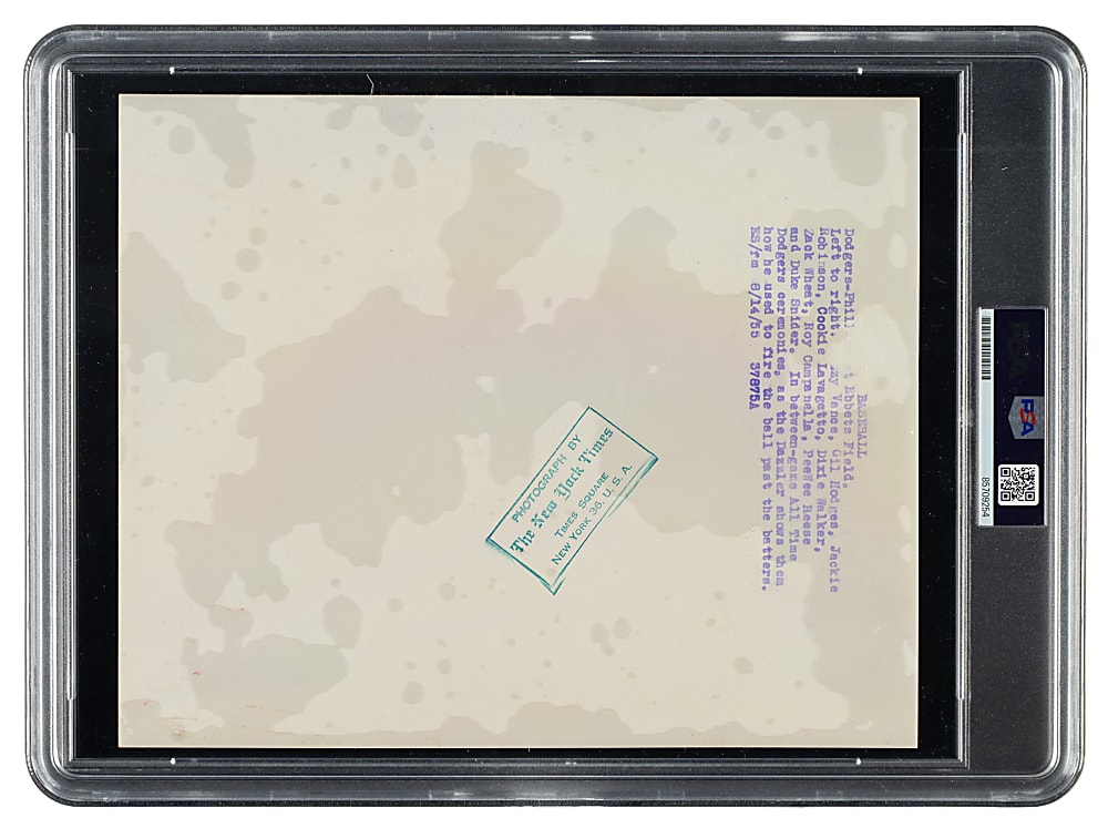 1955 "All-Time Dodgers Team" Ceremony with Dazzy Vance, Jackie Robinson, and Roy Campanella Original New York Times Photograph PSA/DNA Type I