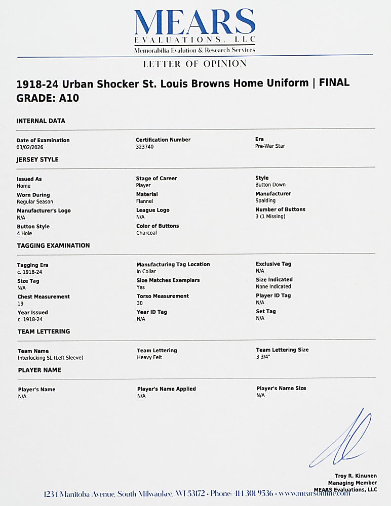 1918-1924 Urban Shocker St. Louis Browns Game-Used Home Uniform MEARS A10 - From the Urban Shocker Collection