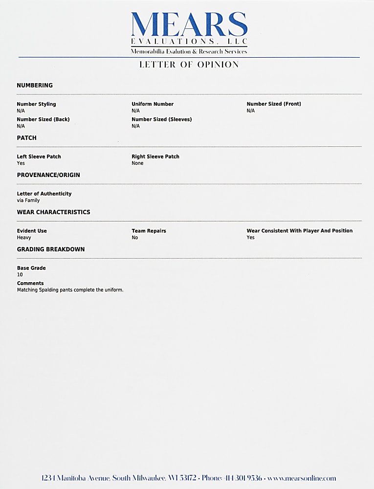 1918-1924 Urban Shocker St. Louis Browns Game-Used Home Uniform MEARS A10 - From the Urban Shocker Collection