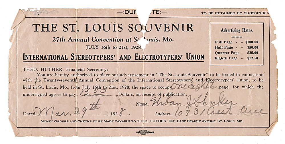 March 29, 1928 Urban Shocker Signed Receipt - From the Urban Shocker Collection