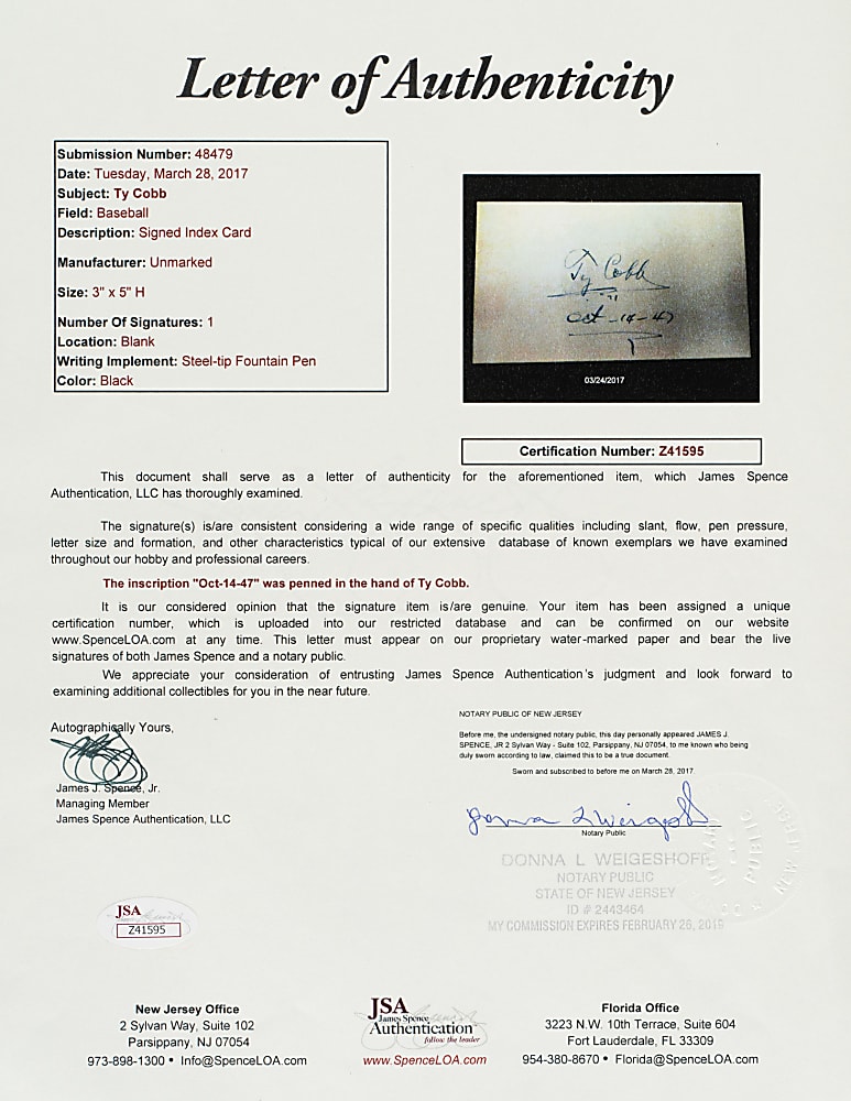 Ty Cobb Signed Index Card with "Oct-14-47" Inscription in Framed Display - JSA