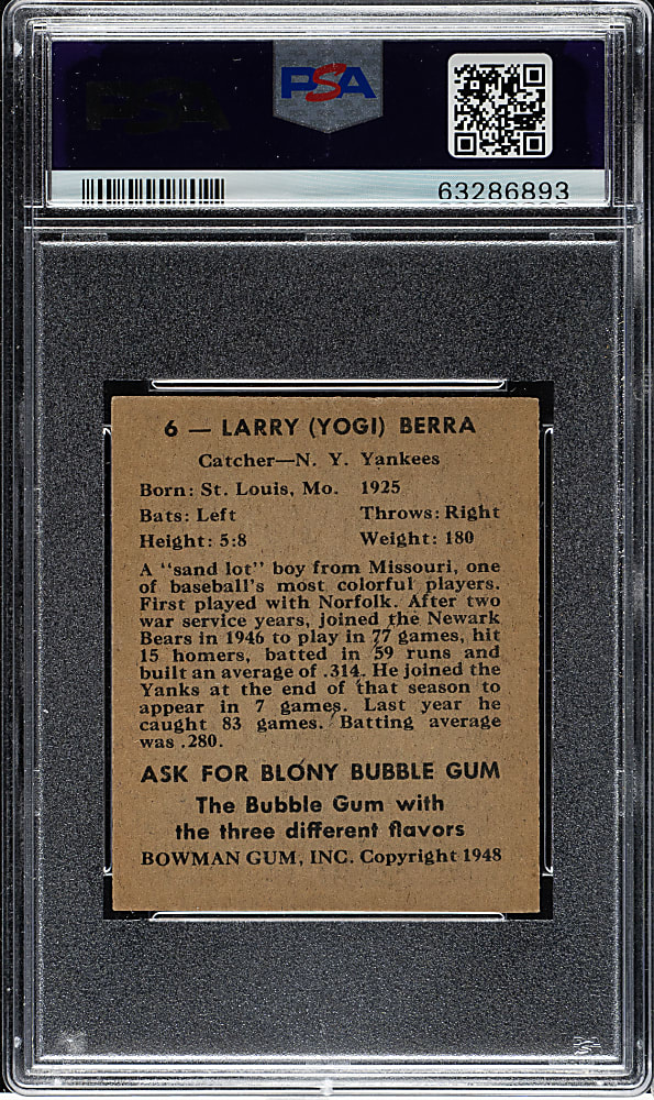 1948 Bowman #6 Yogi Berra Rookie PSA EX-MT 6