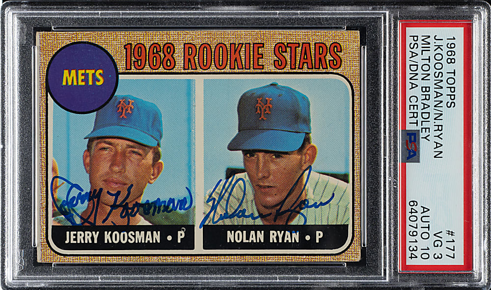 Signed 1968 Topps Milton Bradley #177 Nolan Ryan Rookie PSA VG 3 with GEM MINT 10 Signature - Signed by Ryan and Koosman!