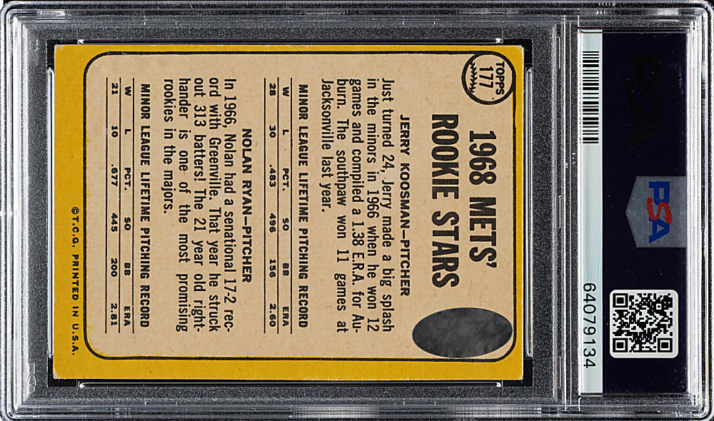 Signed 1968 Topps Milton Bradley #177 Nolan Ryan Rookie PSA VG 3 with GEM MINT 10 Signature - Signed by Ryan and Koosman!