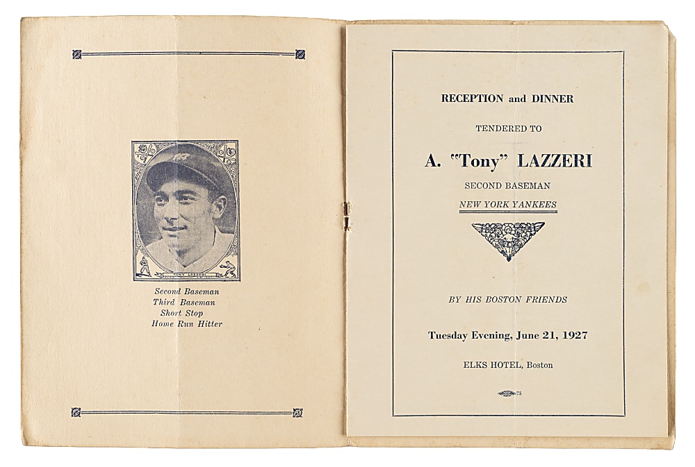 June 21, 1927 Tony Lazzeri Reception and Dinner Program - Babe Ruth as Speaker - From the Urban Shocker Collection
