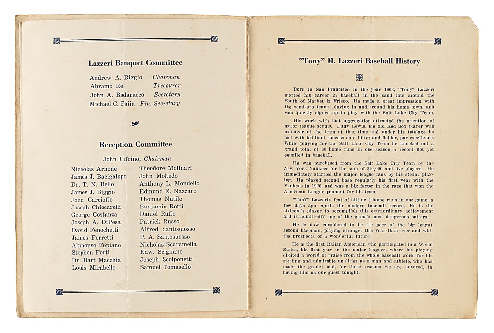 June 21, 1927 Tony Lazzeri Reception and Dinner Program - Babe Ruth as Speaker - From the Urban Shocker Collection