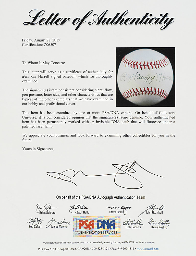 Ray "Cowboy" Harrell Single-Signed Baseball - PSA/DNA