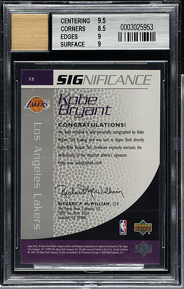 2003-2004 Upper Deck SP Game Used Significance Basketball #KB Kobe Bryant #28/100 BGS MINT 9 with MINT 9 Signature