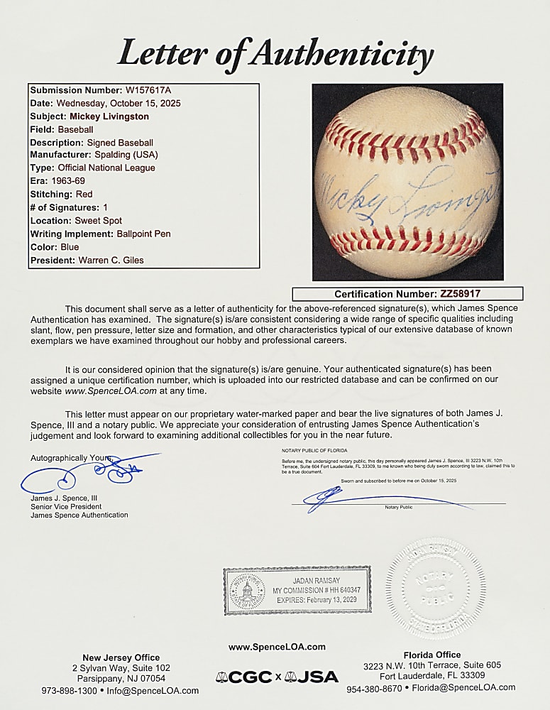Mickey Livingston Single-Signed Baseball - JSA