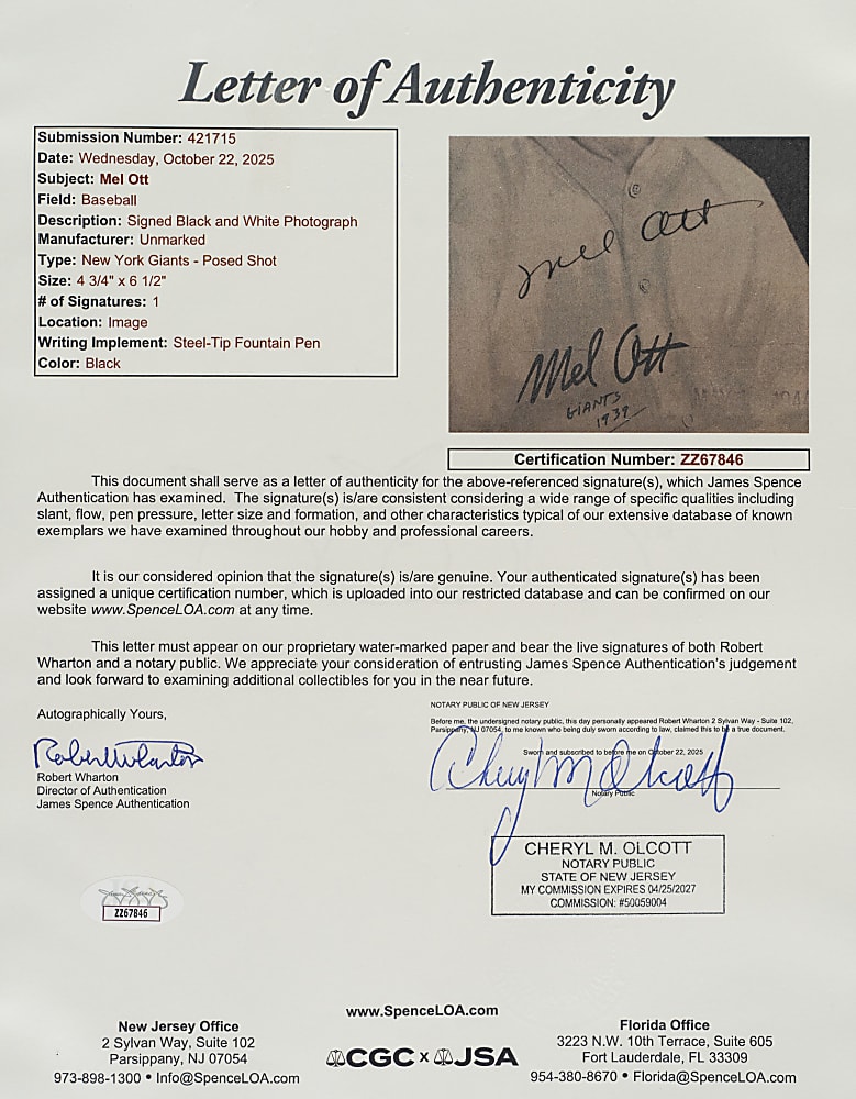 Signed 1939 R303-B Goudey Premiums Mel Ott PSA/DNA GEM MINT 10