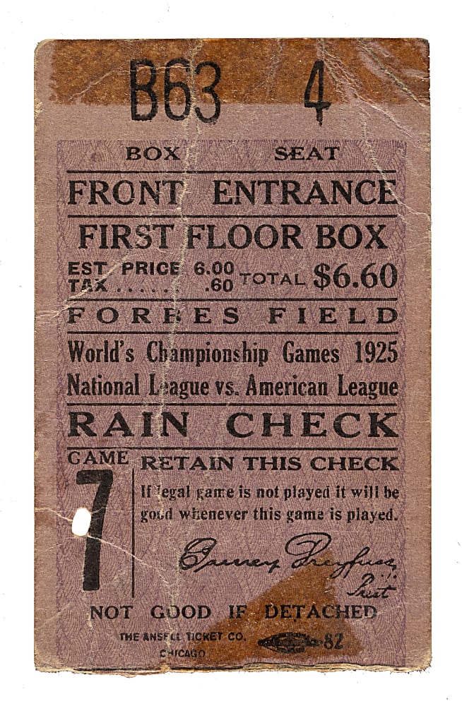 1925 Washington Senators (vs. Pittsburgh Pirates) World Series Game 7 Ticket Stub - Pirates Clinch Second World Series Title