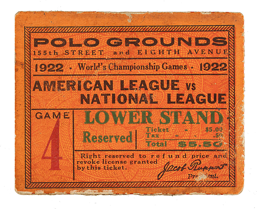 1922 New York Yankees (vs. New York Giants) World Series Game 4 Ticket Stub