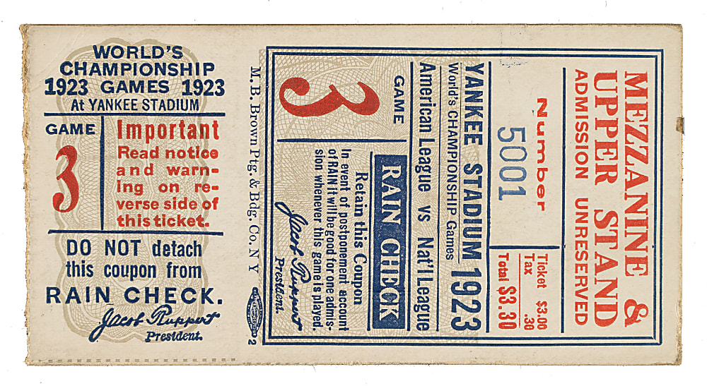 1923 New York Yankees (vs. New York Giants) World Series Game 3 Ticket Stub