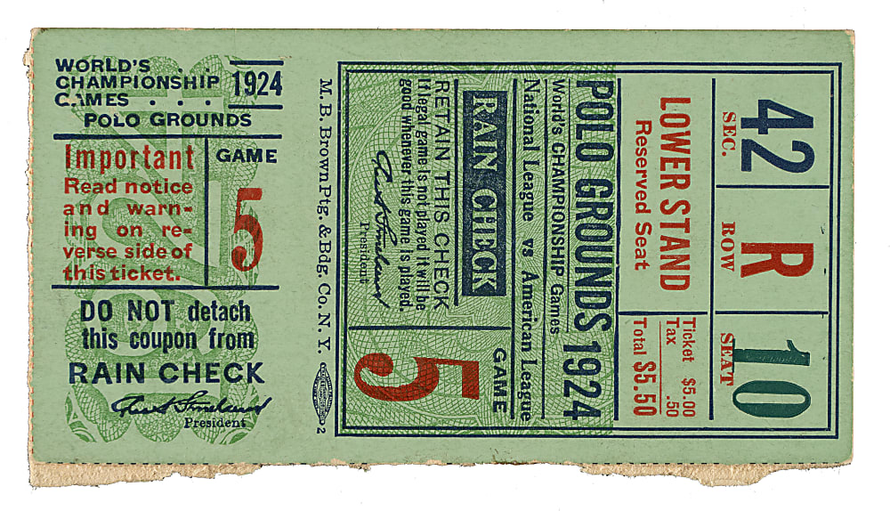 1924 New York Giants (vs. Washington Senators) World Series Game 5 Ticket Stub