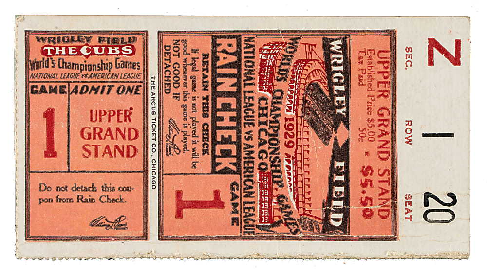1929 Chicago Cubs (vs Philadelphia Athletics) World Series Game 1 Ticket Stub