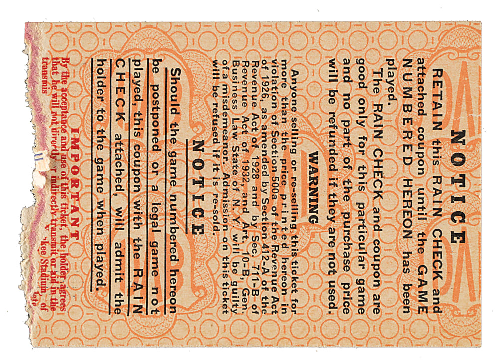 1938 New York Yankees (vs. Chicago Cubs) World Series Game 4 Ticket Stub - Lou Gehrig Final World Series Game