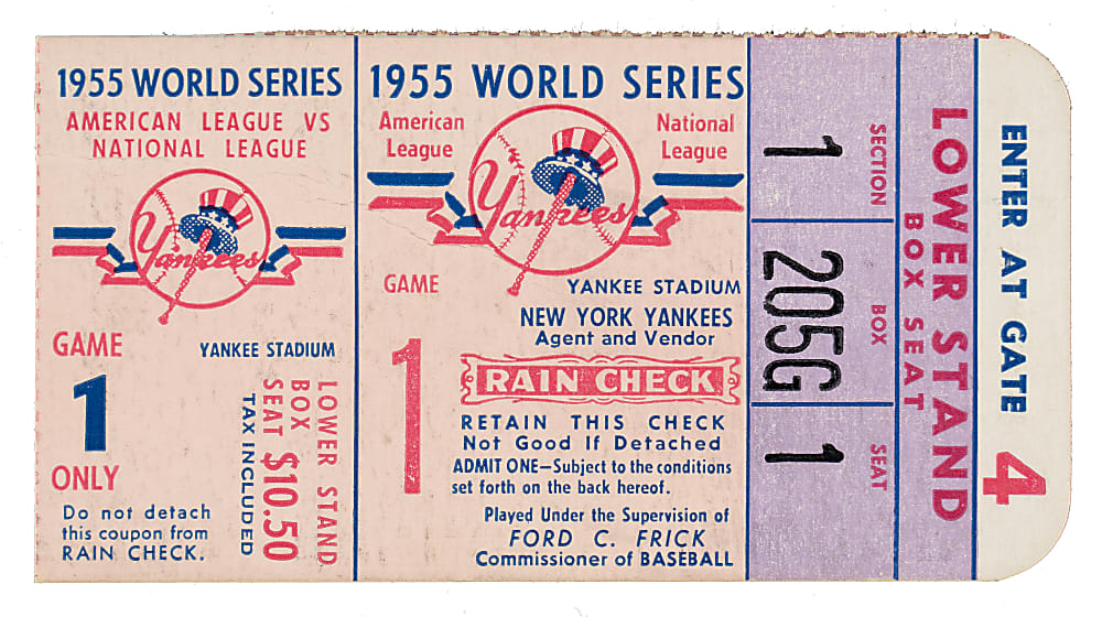 1955 New York Yankees (vs. Brooklyn Dodgers) World Series Game 1 Ticket Stub - Jackie Robinson Steals Home