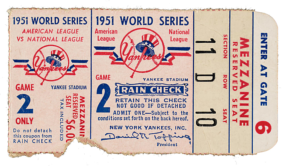 1951 New York Yankees (vs. New York Giants) World Series Game 2 Ticket Stub - Mickey Mantle First World Series Hit