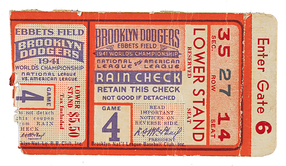 1941 Brooklyn Dodgers (vs. New York Yankees) World Series Game 4 Ticket Stub - Owen's Dropped Third Strike