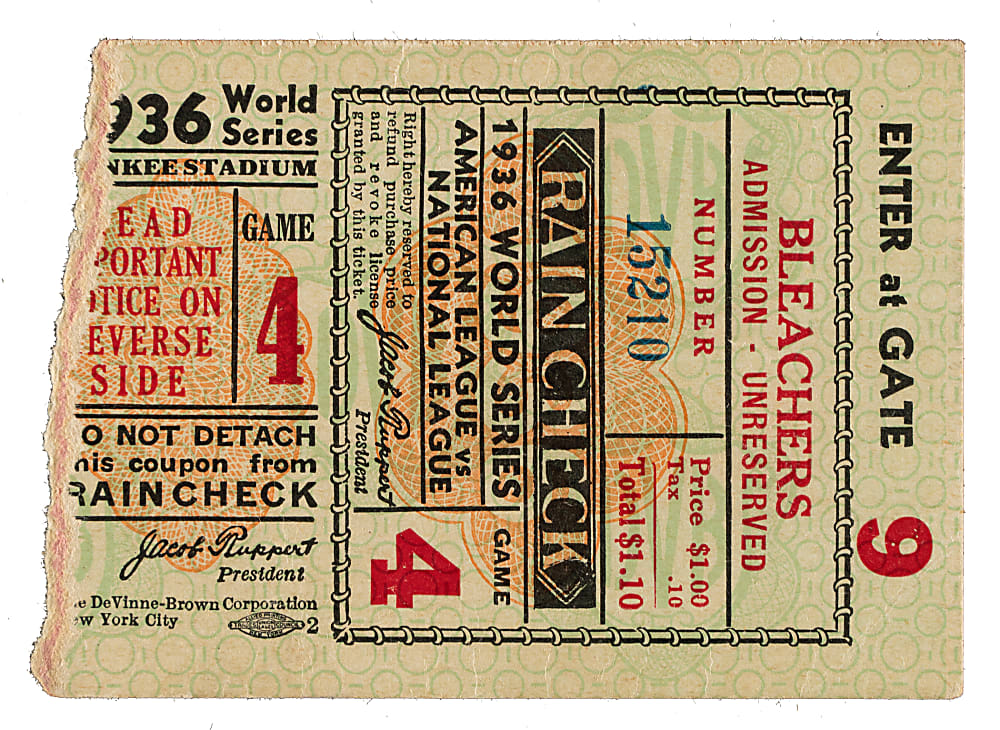 1936 New York Yankees (vs. New York Giants) World Series Game 4 Ticket Stub - Lou Gehrig Home Run