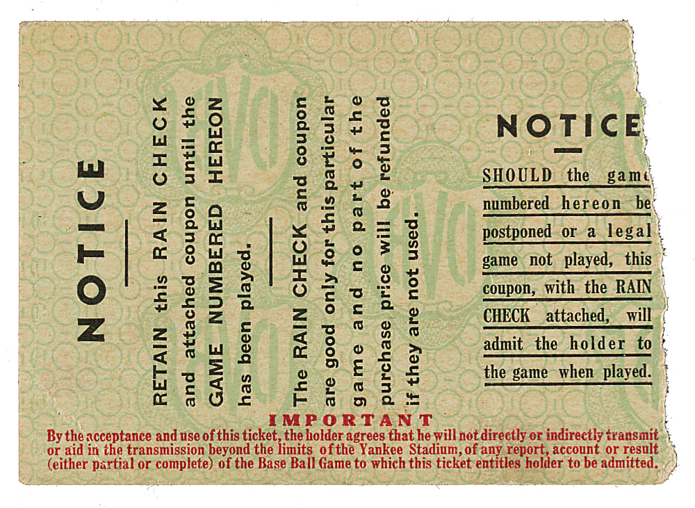 1936 New York Yankees (vs. New York Giants) World Series Game 4 Ticket Stub - Lou Gehrig Home Run