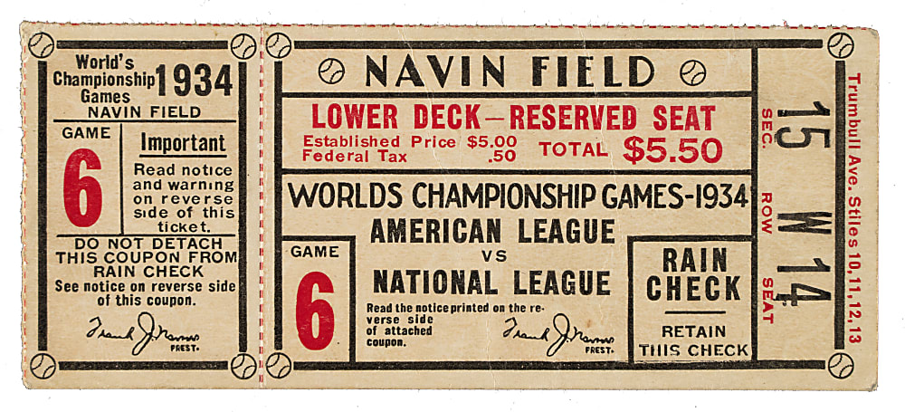 1934 Detroit Tigers (vs. St. Louis Cardinals) World Series Game 6 Ticket Stub