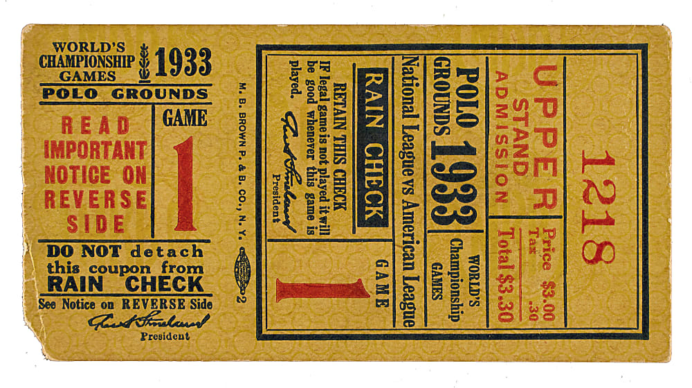 1933 New York Giants (vs. Washington Senators) World Series Game 1 Ticket Stub