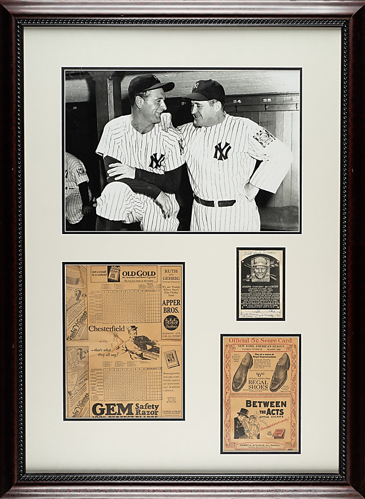 1928 Lou Gehrig Signed Yankees Program and Signed 1956-1963 Artvue (Type 2) Black-and-White Hall of Fame Postcard Joe McCarthy Pair in Framed Display - JSA