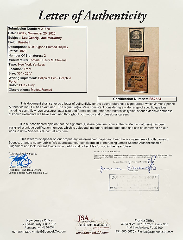1928 Lou Gehrig Signed Yankees Program and Signed 1956-1963 Artvue (Type 2) Black-and-White Hall of Fame Postcard Joe McCarthy Pair in Framed Display - JSA