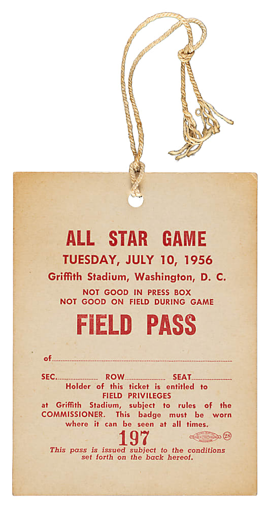 1956 All-Star Game Press Pass - Mantle, Mays, Musial, and Williams All Home Runs