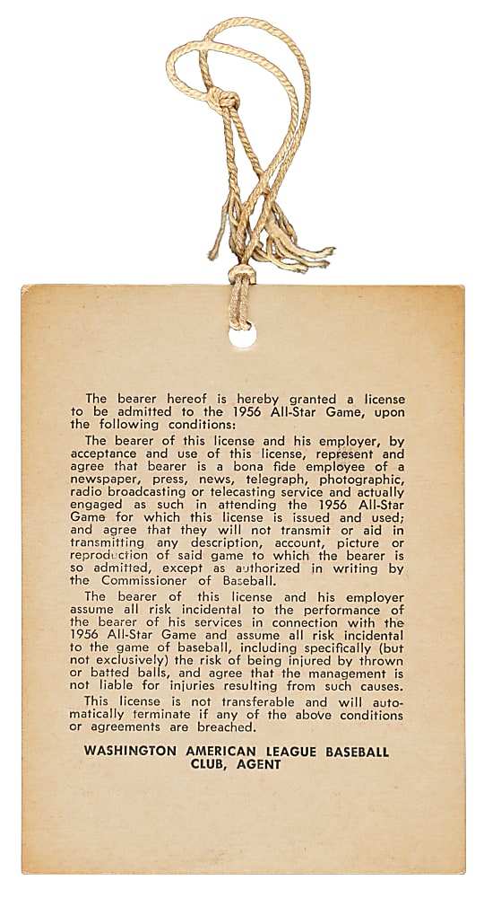 1956 All-Star Game Press Pass - Mantle, Mays, Musial, and Williams All Home Runs