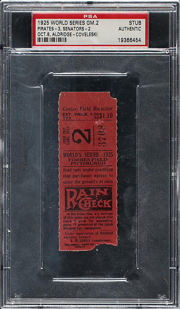 1925 Pittsburgh Pirates (vs. Washington Senators) World Series Game 2 Ticket Stub - PSA