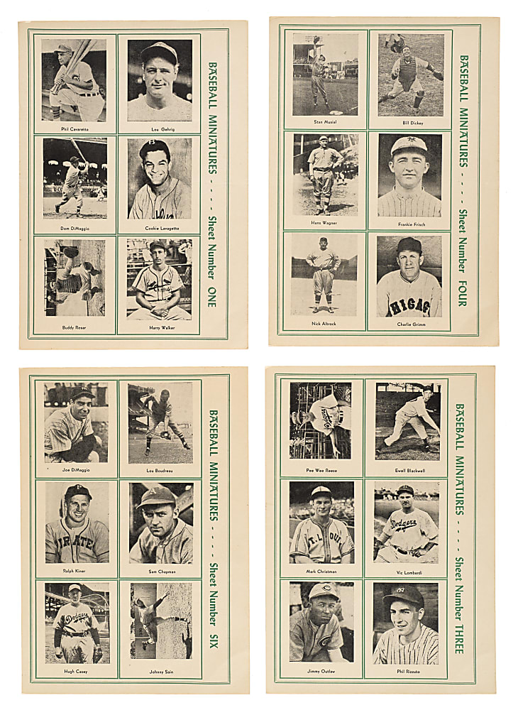 1947 W602 Sports Exchange Miniatures Uncut Sheet Collection (6 Sheets, 36 Cards) Including Gehrig, Wagner, and DiMaggio