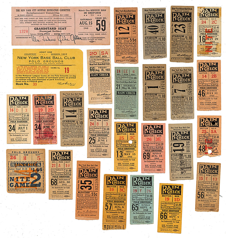 1932 to 1945 New York Giants Polo Grounds Ticket Stub Collection (31) - All Mel Ott Home Run Games!